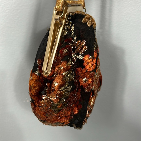 Moo Roo Vintage Gold Black Red Mesh Floral Cocktail Evening Bag - Picture 13 of 16